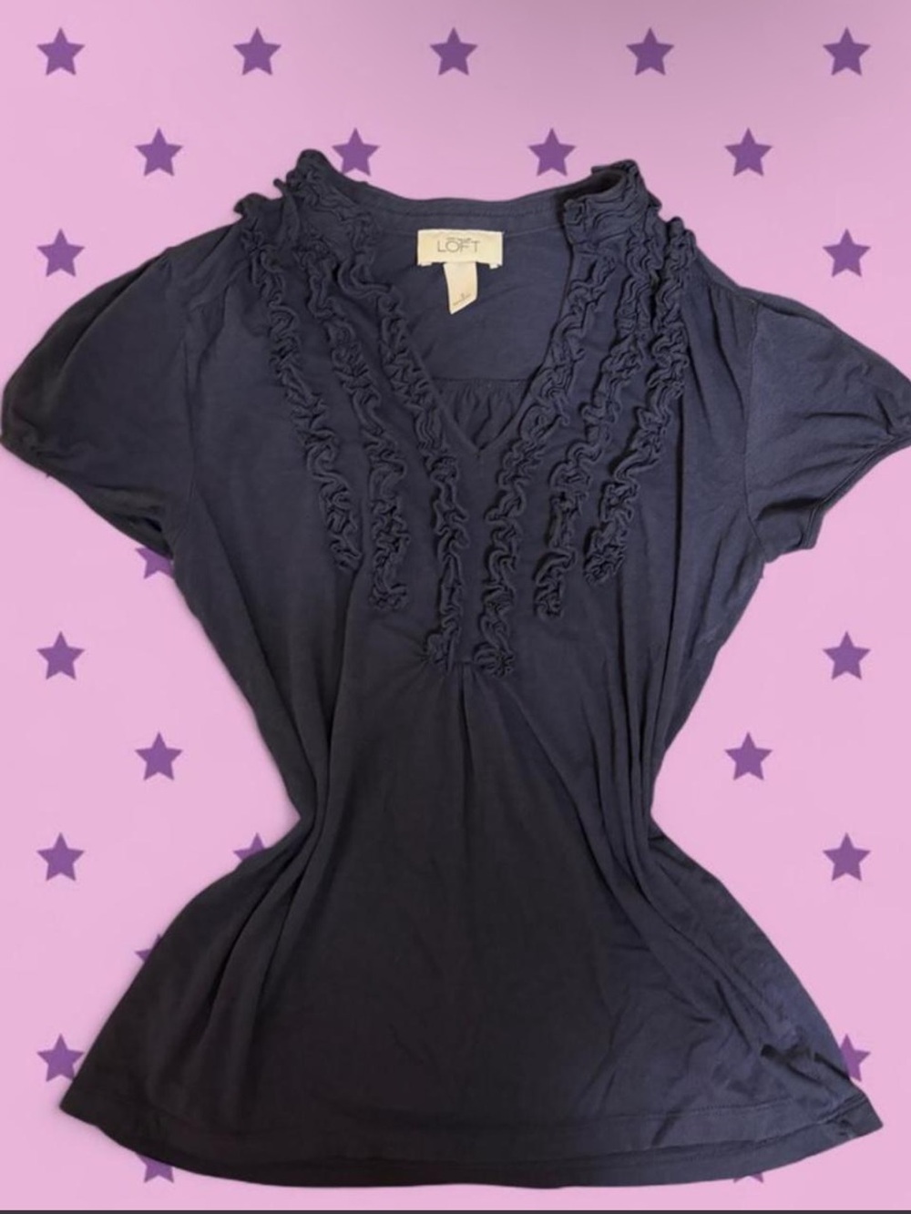 LOFT Navy Ruffle-Trim V-Neck Short Sleeve Blouse